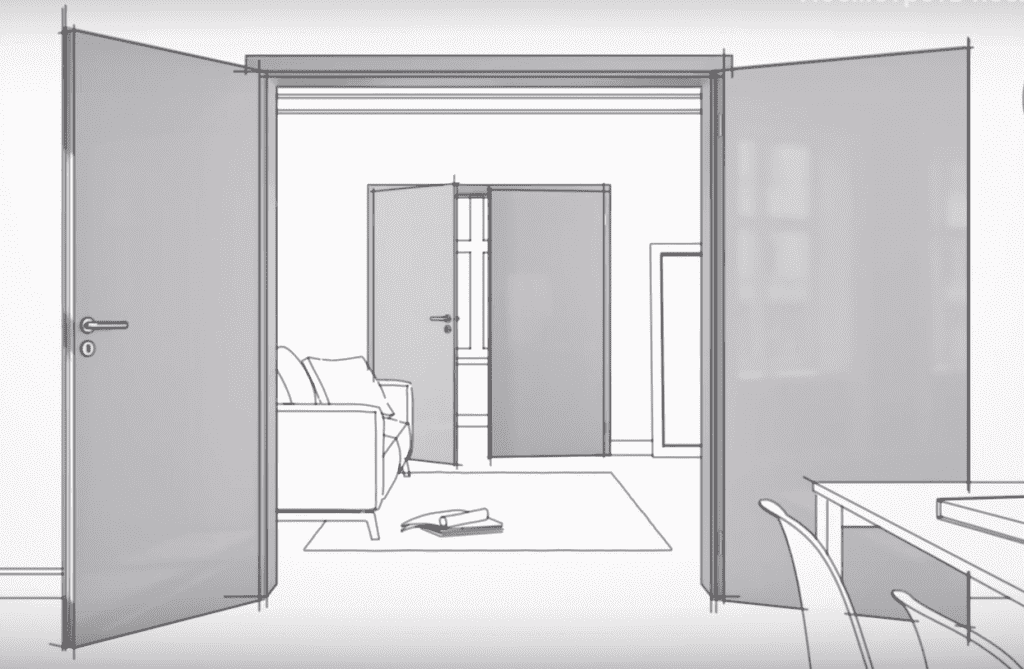 Двустворчатая межкомнатная дверь со светло-серой глянцевой поверхностью 